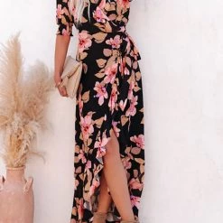 Levency Floral Irregularity Wrap Maxi Dress