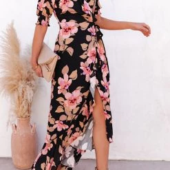 Levency Floral Irregularity Wrap Maxi Dress
