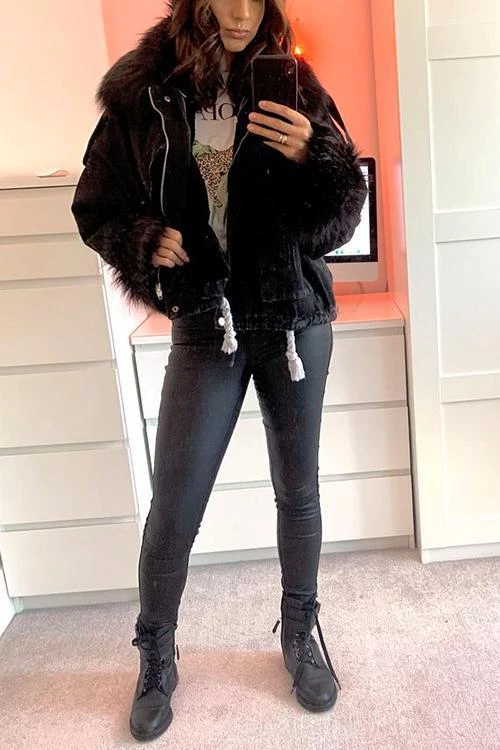 Levency Detachable Fuzzy Faux Fur Collar Denim Coat New In 24 Levency Detachable Fuzzy Faux Fur Collar Denim Coat New In