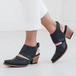 Levency Etching Cut Out Chunky Heels Ankle Mule Boots