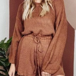 Levency O Neck Puff Long Drawstring Sweater Romper