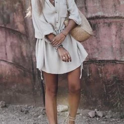 Levency New In Button Pockets Drawstring Waist Dress