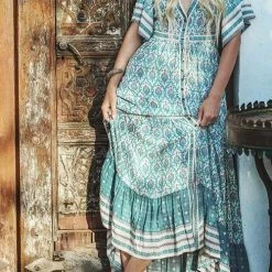 Levency Print V Neck Short Sleeve Maxi Dress