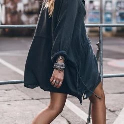 Levency New In Button Pockets Drawstring Waist Dress