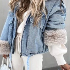Levency Detachable Fuzzy Faux Fur Collar Denim Coat New In 45 Levency Detachable Fuzzy Faux Fur Collar Denim Coat New In