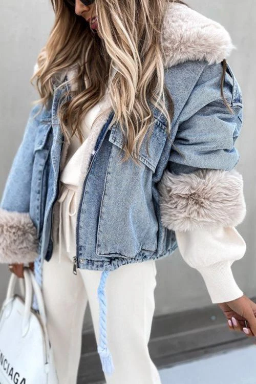 Levency Detachable Fuzzy Faux Fur Collar Denim Coat New In 6 Levency Detachable Fuzzy Faux Fur Collar Denim Coat New In