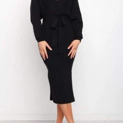 Levency New In Surplice Wrap Side Slit Sweater Dress