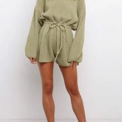 Levency O Neck Puff Long Drawstring Sweater Romper