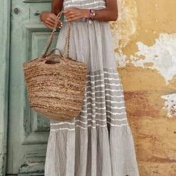 Levency New In Stripe Patchwork Halter Neck Maxi Dress