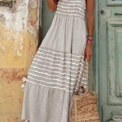 Levency New In Stripe Patchwork Halter Neck Maxi Dress