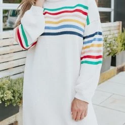 Levency Turtleneck Rainbow Stripe Sweater Dress New In