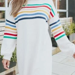 Levency Turtleneck Rainbow Stripe Sweater Dress New In