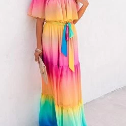 Levency New In Gradient Off Shoulder Belted Maxi Dress