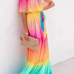 Levency New In Gradient Off Shoulder Belted Maxi Dress