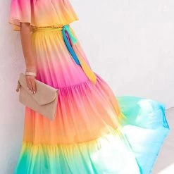 Levency New In Gradient Off Shoulder Belted Maxi Dress