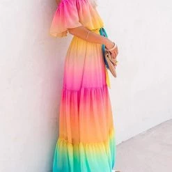 Levency New In Gradient Off Shoulder Belted Maxi Dress