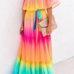 Levency New In Gradient Off Shoulder Belted Maxi Dress