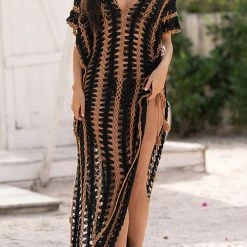 Levency New In Stripe V Neck Side Slit Hollow Caftan Dress 23 Levency New In Stripe V Neck Side Slit Hollow Caftan Dress