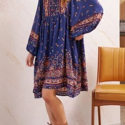 Levency New In Boho Print Long Sleeve Mini Dress