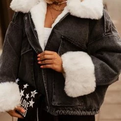 Levency Detachable Fuzzy Faux Fur Collar Denim Coat New In 47 Levency Detachable Fuzzy Faux Fur Collar Denim Coat New In