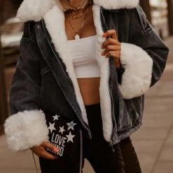 Levency Detachable Fuzzy Faux Fur Collar Denim Coat New In 55 Levency Detachable Fuzzy Faux Fur Collar Denim Coat New In