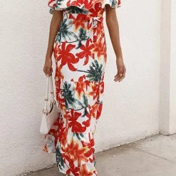 Levency Ruffle Floral Off Shoulder Belted Maxi Dress