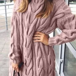 Levency Cable Knit Turtleneck Sweater Dress
