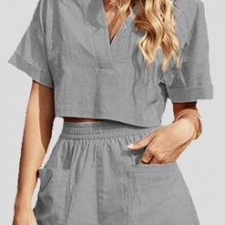 Levency New In V Neck Crop Blouse Pockets Shorts Set