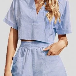 Levency New In V Neck Crop Blouse Pockets Shorts Set