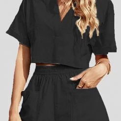 Levency New In V Neck Crop Blouse Pockets Shorts Set